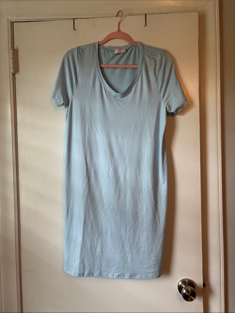 Light Blue V-Neck Tee Dress- Pink Lily
